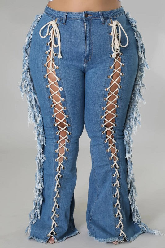 High Rise Lace Up Tassel Flare Jeans